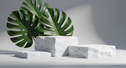 Natural monstera leaf pedestals: minimalist product display artistic decorative backdrop