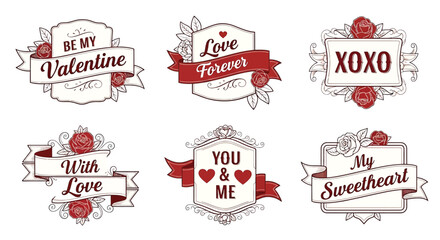 Fototapeta premium Collection of vintage valentines day labels with roses and ribbons