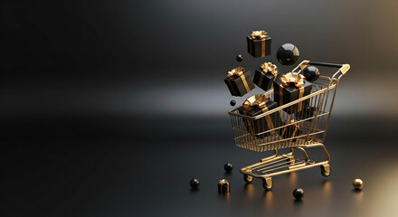 Elegant golden shopping cart with gifts on artistic decorative backdrop