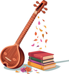 Sitar and stack of books with falling petals Indian musical instrument