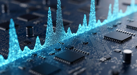 Abstract blue data wave on circuit board, symbolizing technological innovation, digital growth, and data processing