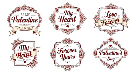 Set of vintage valentines day labels with floral decoration love forever message