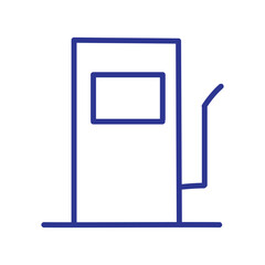 Simple blue line illustration of a gas pump against a white background.