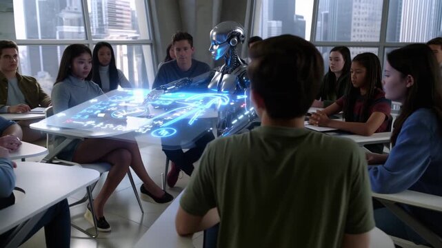 In a modern classroom, a robot showcases advanced technology while students engage with holographic displays. Learning experiences are enhanced through interactive collaborations - Powered by Adobe
