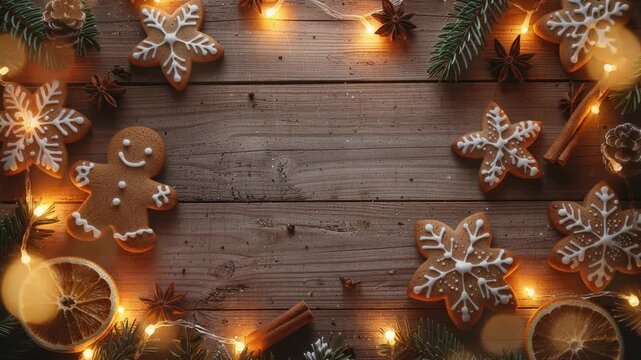 Festive Christmas gingerbread cookies and decorations on a rustic wooden surface with warm, inviting lighting.