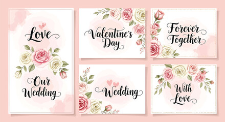 Elegant set of wedding and valentines day cards with floral decoration, perfect for invitations