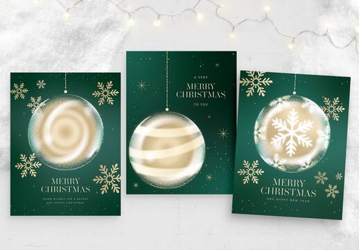Christmas Flyer Poster Template in Green & Gold with Christmas Decoration & Vector Snowflake Elements