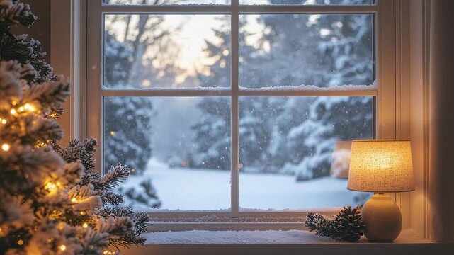 Cozy winter scene: window view of snowy landscape with Christmas tree and warm lamp.