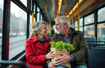 Elderly couple ride bus holding groceries bag. Smiling man and woman chat on public transport. They look at each other happily, travel together in city.