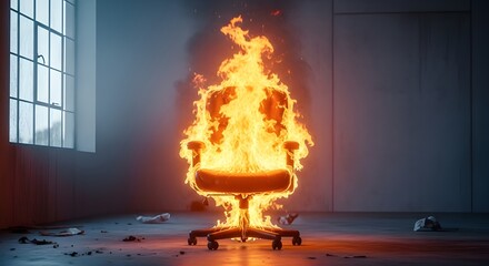 Fototapeta premium Office chair engulfed in flames, symbolizing burnout and workplace stress