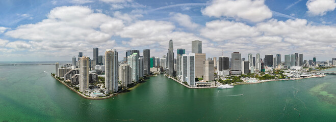 Modern building architecture cityscape. Panoramic Brickell Key. Cityscape panorama with skyscraper skyline. Brickell Key panorama. City landscape. Skyscraper city. City panoramic view. Urban sprawl