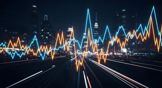 Financial chart with city skyline in the background at night illustration - Powered by Adobe
