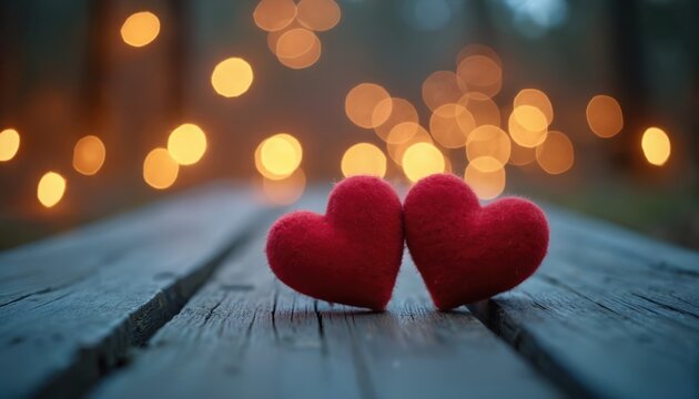 Two plush red hearts sit on a rustic wooden table. Twinkling golden bokeh lights create a warm, romantic atmosphere in the background. This scene suggests love and connection.
