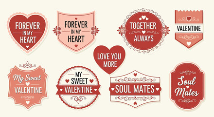 Collection of vintage valentines day badges with romantic messages forever in my heart and soulmates