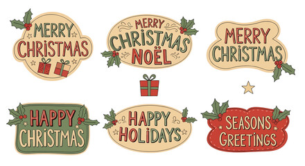Collection of merry christmas and happy holidays labels for greeting cards and holiday design