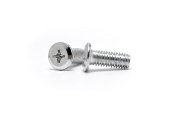 Clean isolated stainless Phillips machine screws on white product background