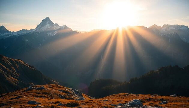 Majestic mountain range at sunrise, sunbeams illuminating peaks,  ecology,  rays