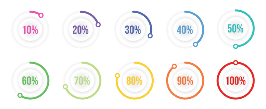 Infographic circle loading progress with percentage 0 to 100, Set of round percentage for infographic and UI. Progress, download, and upload. 