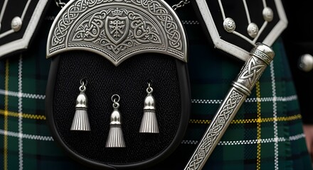Closeup of a traditional scottish kilt with sporran and sgiandubh details