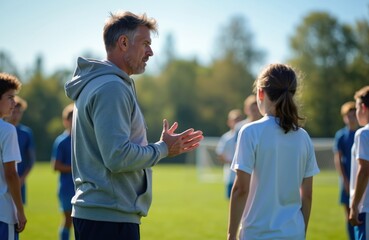 Experienced male coach talks to young soccer team on sunny green field. Gives tactical advice, motivational speech to teenage players before upcoming match. Kids listen to mentor learn game strategy