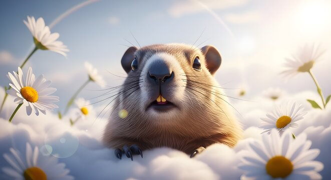 Groundhog day illustration with a cute groundhog surrounded by white daisies