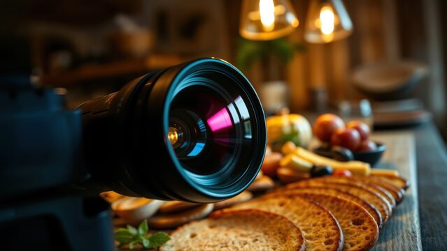 Close-up of camera lens pointed at a gourmet food platter with crackers. - Powered by Adobe