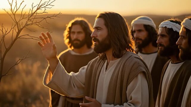 Jesus Christ teaching disciples at sunset, explaining the parable of the withered fig tree next to a dry tree on a golden field.