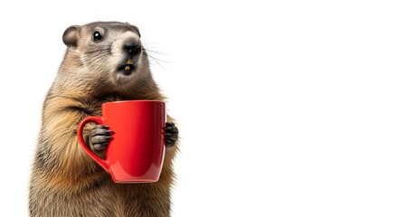 Groundhog holding a red mug isolated on white background