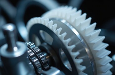 Fototapeta premium Closeup shows modern gear components with teeth. Gears interlock. Machinery rotates. Production equipment moves. Technology development, industry automation engineering concepts with innovation,