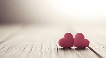 Two pink hearts on a wooden surface convey love and togetherness