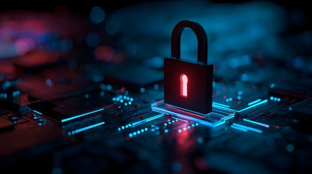 Glowing padlock rests upon a dark technological circuit board illuminated with vibrant neon light.
