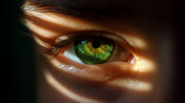 Stunning close-up of a green eye with striking detail and captivating light patterns