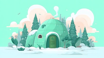 Geodesic dome structure stands nestled in a snowy evergreen forest setting