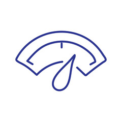 Simple blue line icon of a gauge or meter with a single liquid drop falling from the pointer.