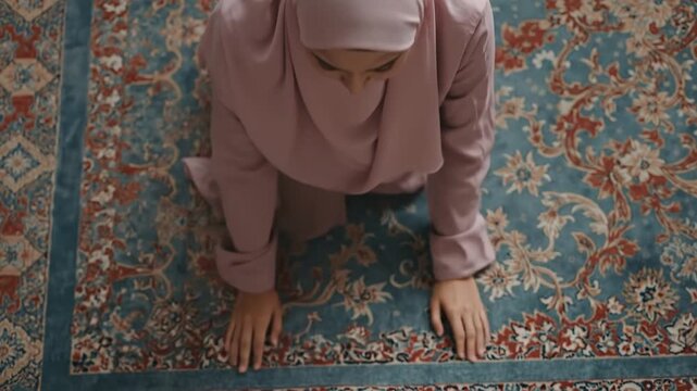 Devout Muslim Woman in Hijab Prostrating on a Traditional Prayer Rug, Performing Islamic Salah with Deep Reverence and Spirituality