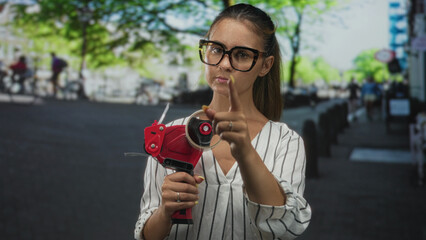 Woman finger pointing forward while holding red tape dispenser and wearing large glasses and...