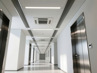Modern office corridor with linear HVAC vents and elevators.