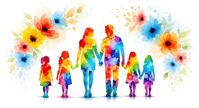 Watercolor family holding hands with four children isolated on white background - Powered by Adobe