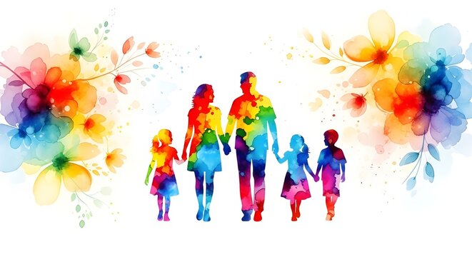 Watercolor family holding hands with two children isolated on white background