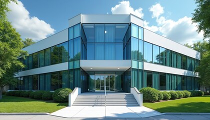 Modern office building with large blue glass windows, white facade surrounded by green trees, manicured lawns. Spacious entrance with wide concrete steps, handrails leading to glass doors. Exterior