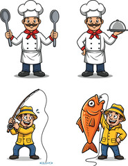 Cartoon chef with spoon, chef holding platter, fisherman catching fish, fisherman with rod, professions illustration, culinary and fishing service, teamwork characters