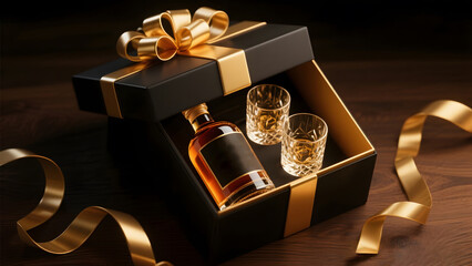 Luxury whiskey gift box with golden ribbon, bottle, and glasses on wooden table in warm festive lighting