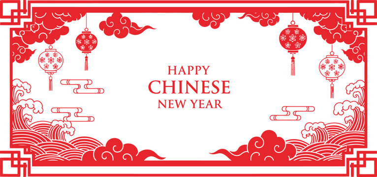 Traditional red chinese new year border with lanterns and clouds