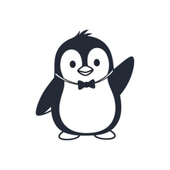 Obraz premium Adorable cartoon penguin with bowtie waves hello, perfect for children's themes and playful branding projects