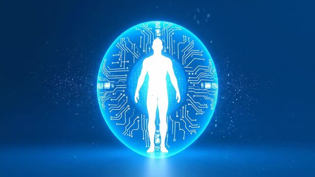Human silhouette encased within a glowing futuristic digital shield with intricate circuitry