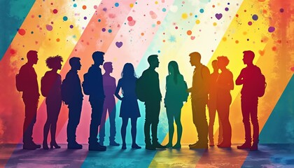 Diverse students stand together in a vibrant classroom setting. Colorful rainbow background with confetti signifies pride and acceptance. Young people learn about equality and community.