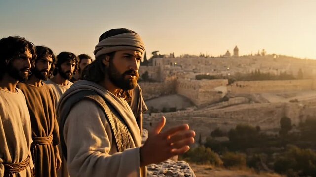 Man preaches to disciples near Jerusalem as the sun sets over the ancient city, sharing Gospel teachings and parables.