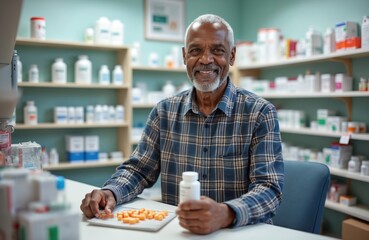 Smiling african american senior man holds medicine bottle in pharmacy. Elderly black male patient buys pills at counter with shelves of drugs. He wears blue plaid shirt.