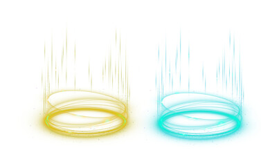 Two shimmering pools of liquid with light beams rising up on a black isolated background