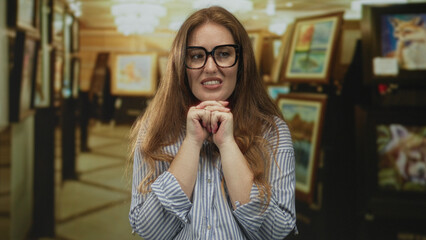 Woman wearing glasses clasping hands in gallery building surrounded by framed paintings; serenity.